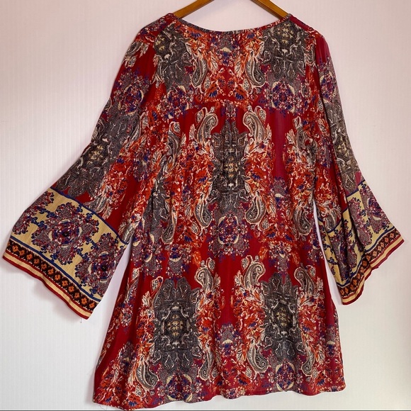 Boho Peasant Dress Red Blue Multi Color Paisley Print Tassel Tie Bell Sleeves Sm - Picture 4 of 4